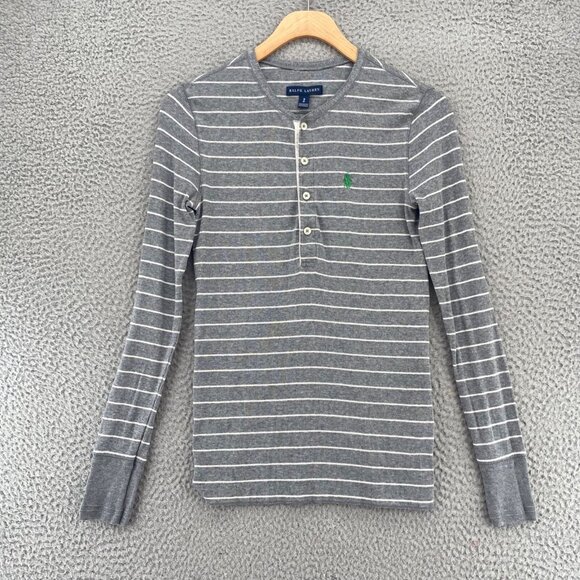 Ralph Lauren Top Womens Small Gray Striped 1/4 Button Long Sleeve Knit Stretch - Picture 10 of 11